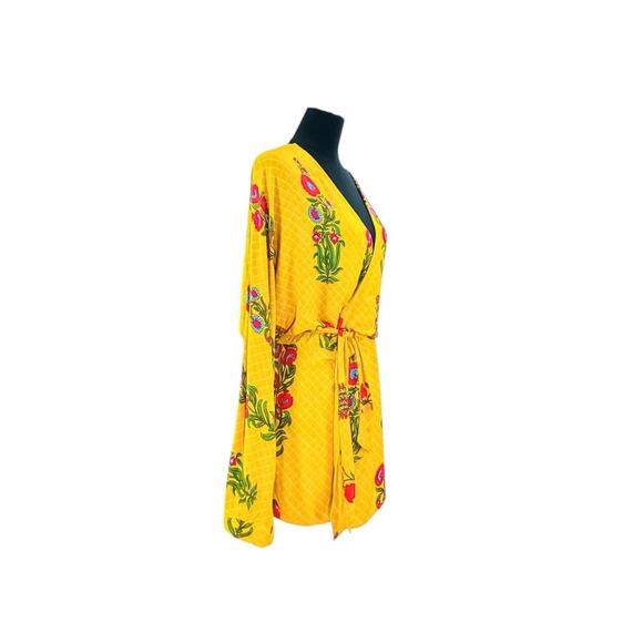ASOS Boho Yellow Floral Kimono Wrap Mini Dress - XL - Picture 4 of 8